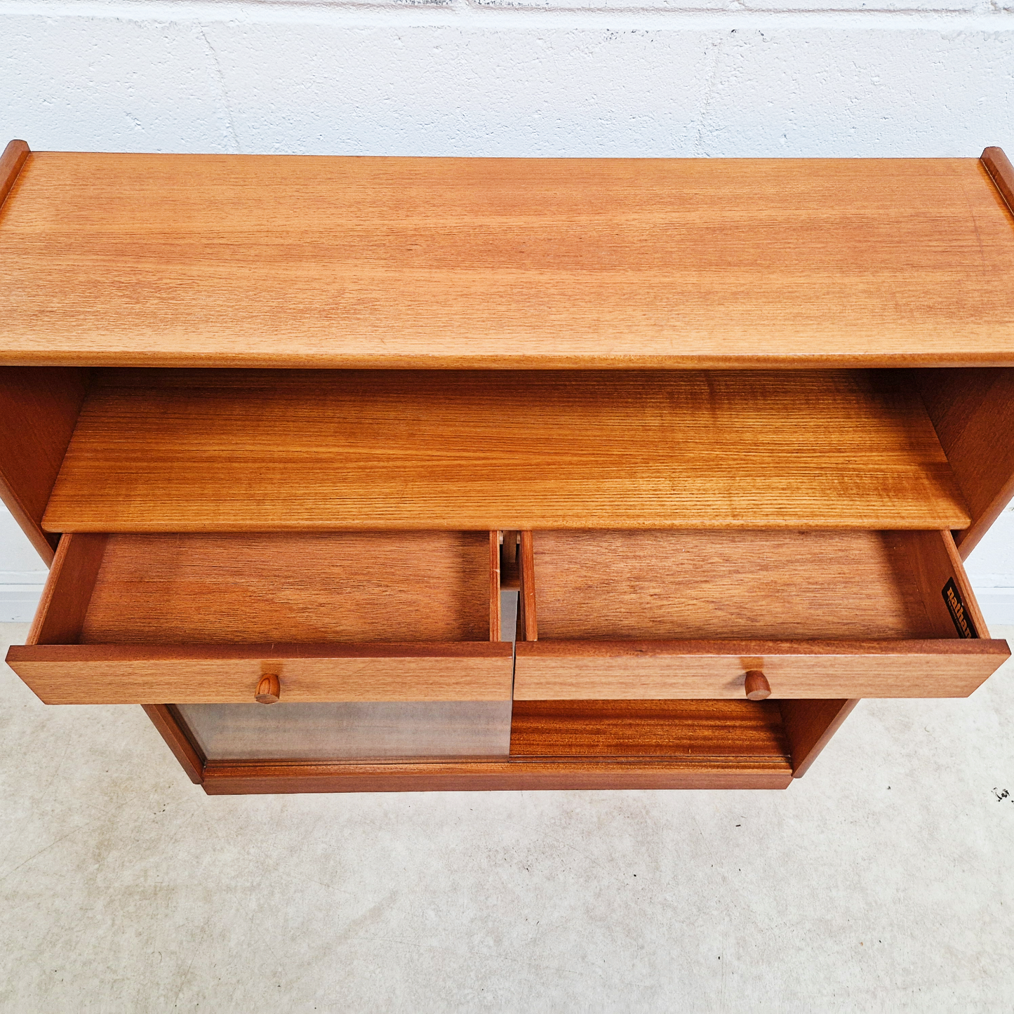 Nathan Vintage Mid Century Medium Teak & Glazed Glass Slim Bookcase Sideboard
