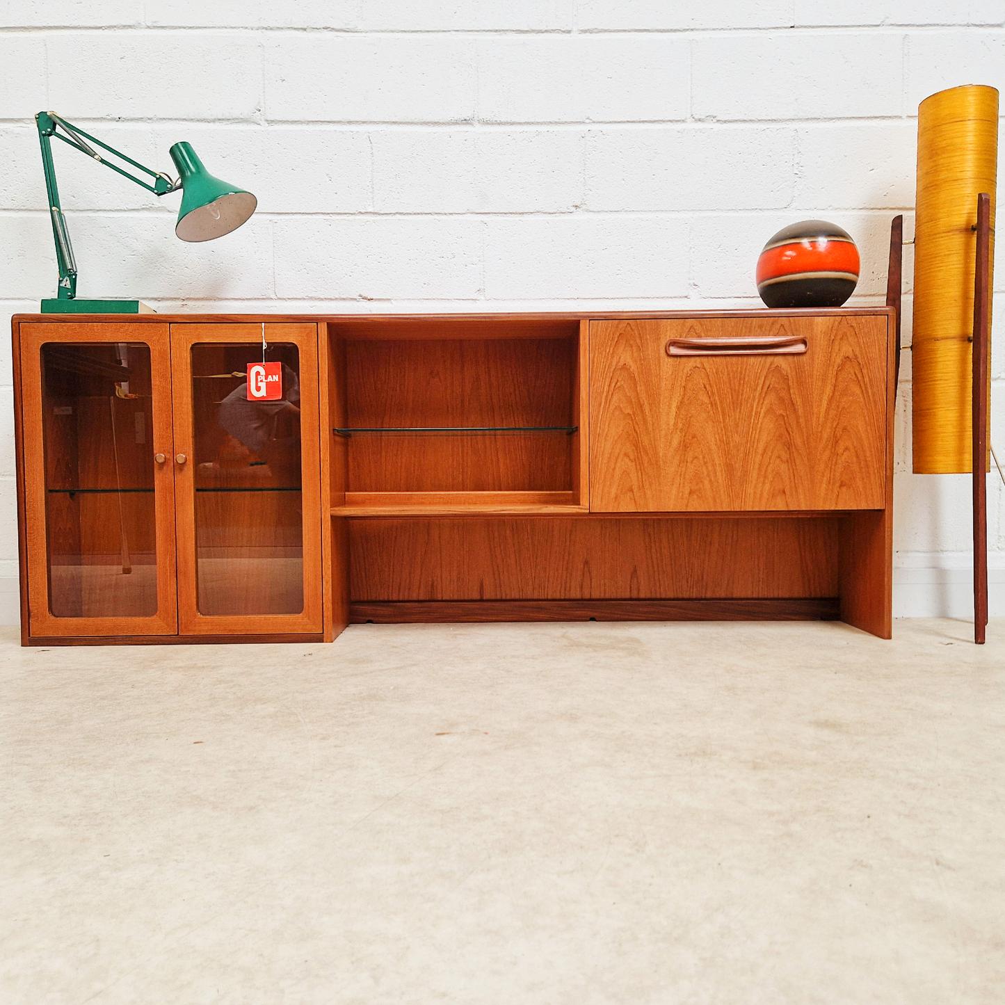 G Plan Vintage Mid Century Medium Teak & Glazed Glass Low Sideboard Bookcase Drinks Cabinet