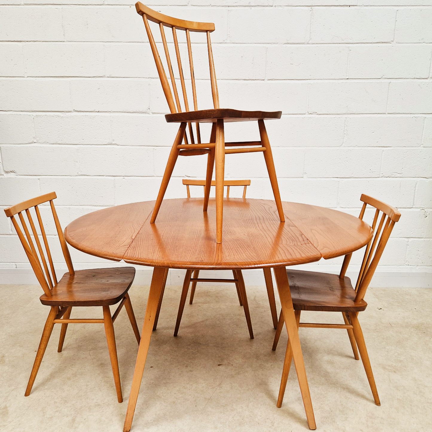 Ercol Vintage Mid Century Solid Elm Drop Leaf Table and Stickback Chair Dining Set