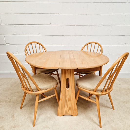 Ercol Vintage Solid Light Elm Danish Design Drop Leaf Table and Hoopback Chair Set