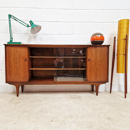 Vintage 1960s Mid Century Medium Teak & Glazed Glass Double Bookcase Sideboard
