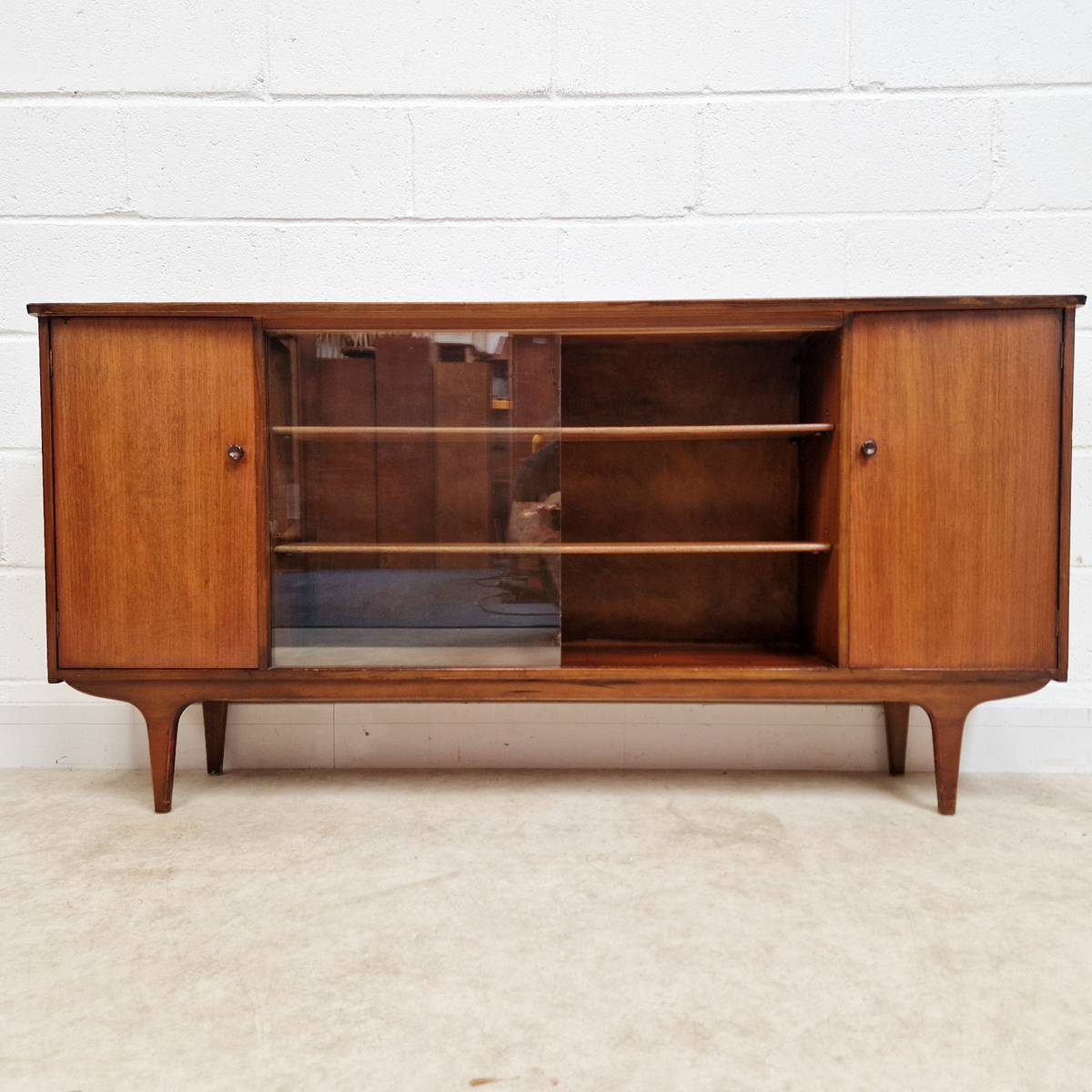 Vintage 1960s Mid Century Medium Teak & Glazed Glass Double Bookcase Sideboard