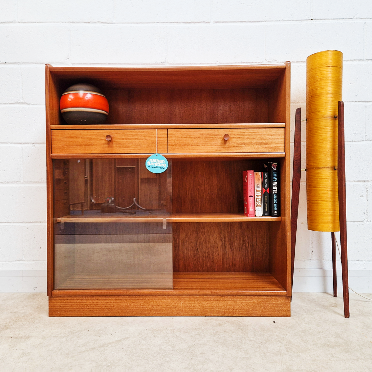 Nathan Vintage Mid Century Medium Teak & Glazed Glass Slim Bookcase Sideboard