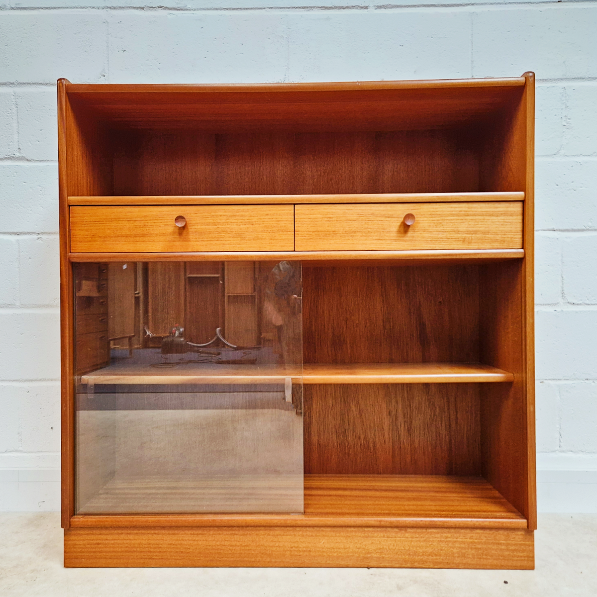 Nathan Vintage Mid Century Medium Teak & Glazed Glass Slim Bookcase Sideboard