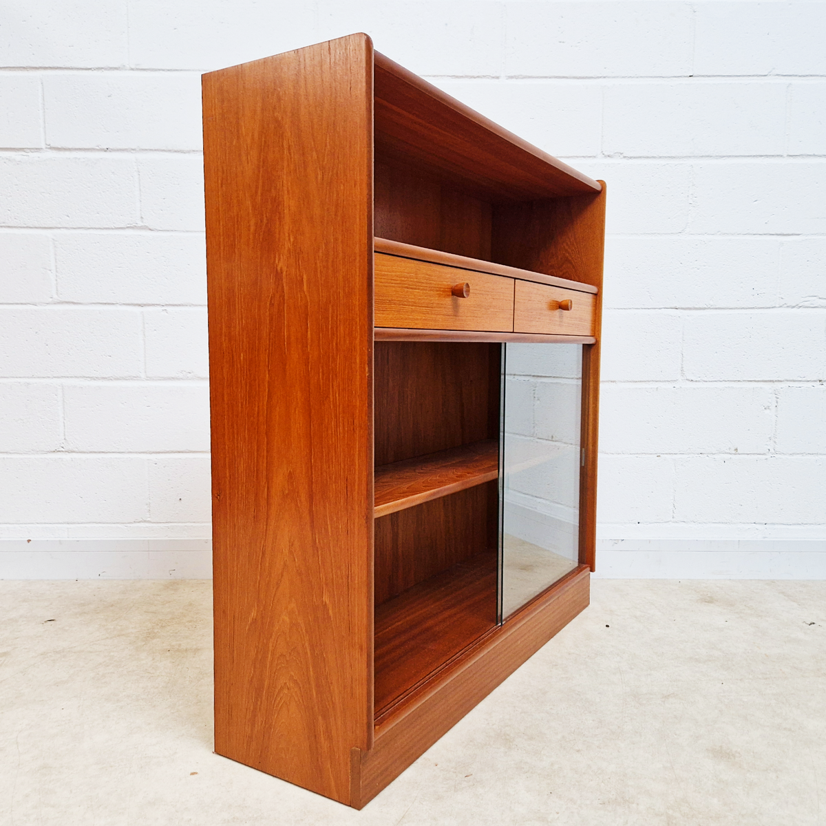 Nathan Vintage Mid Century Medium Teak & Glazed Glass Slim Bookcase Sideboard