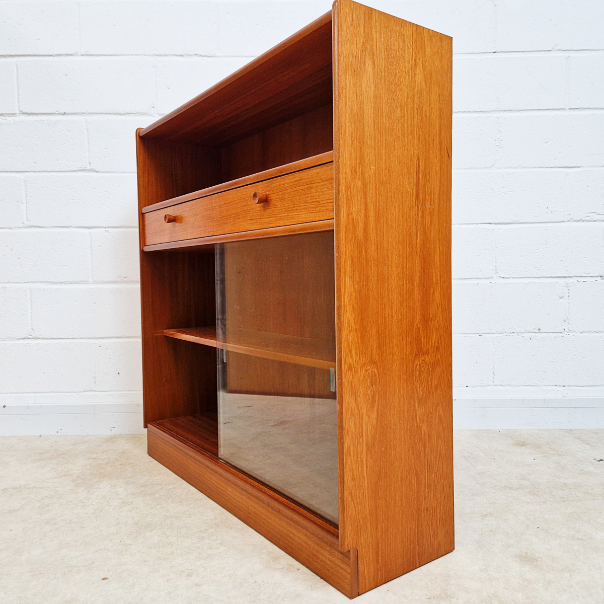 Nathan Vintage Mid Century Medium Teak & Glazed Glass Slim Bookcase Sideboard