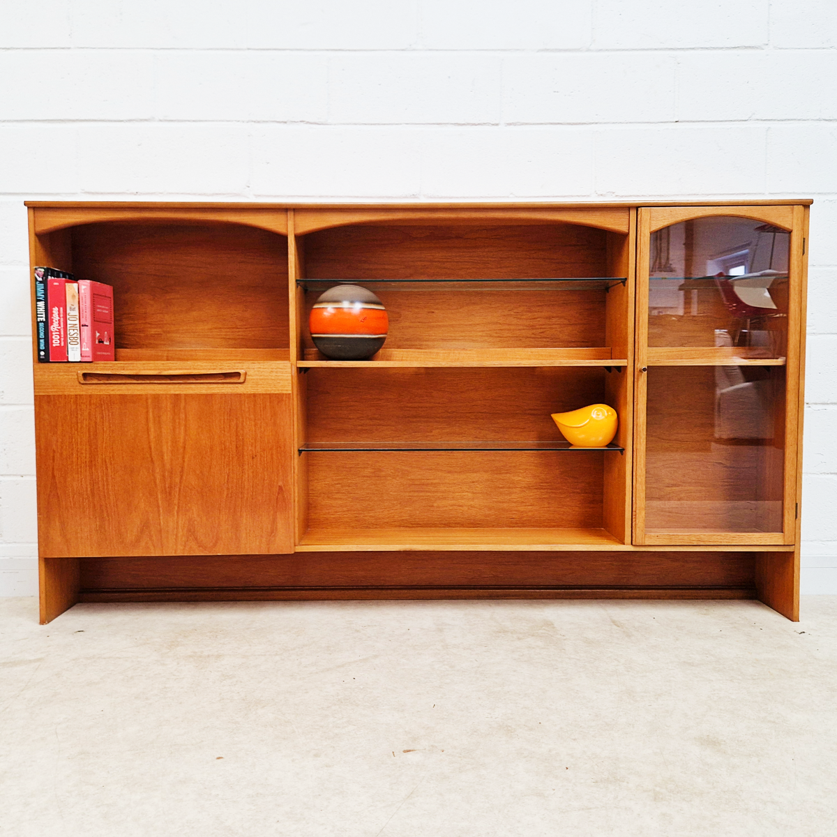 Vintage Mid Century Teak & Glazed Glass Slim Double Length Bookcase Drinks Cabinet Sideboard