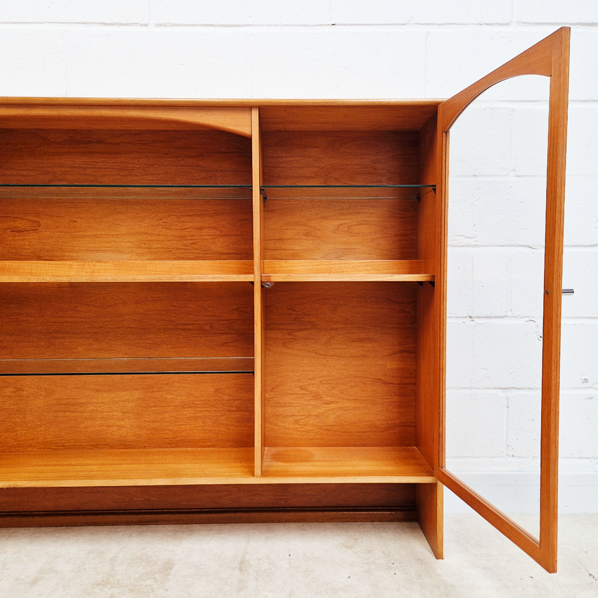 Vintage Mid Century Teak & Glazed Glass Slim Double Length Bookcase Drinks Cabinet Sideboard