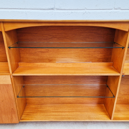 Vintage Mid Century Teak & Glazed Glass Slim Double Length Bookcase Drinks Cabinet Sideboard