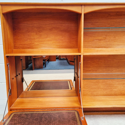 Vintage Mid Century Teak & Glazed Glass Slim Double Length Bookcase Drinks Cabinet Sideboard