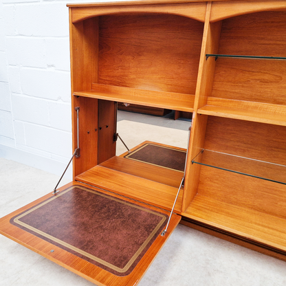 Vintage Mid Century Teak & Glazed Glass Slim Double Length Bookcase Drinks Cabinet Sideboard