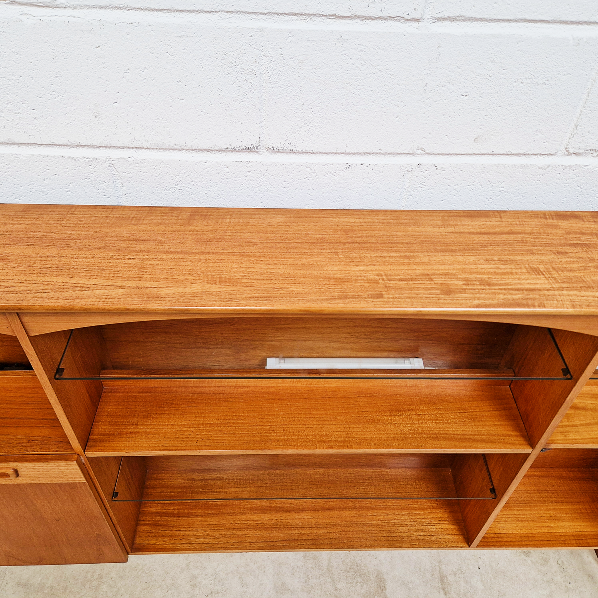 Vintage Mid Century Teak & Glazed Glass Slim Double Length Bookcase Drinks Cabinet Sideboard