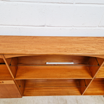 Vintage Mid Century Teak & Glazed Glass Slim Double Length Bookcase Drinks Cabinet Sideboard