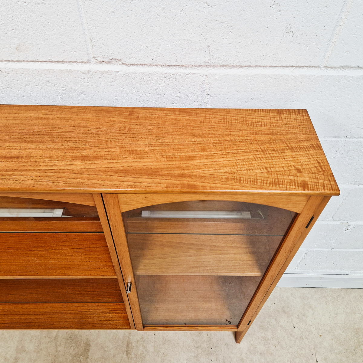 Vintage Mid Century Teak & Glazed Glass Slim Double Length Bookcase Drinks Cabinet Sideboard