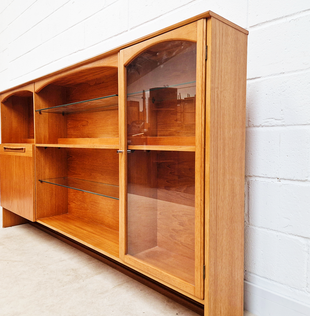 Vintage Mid Century Teak & Glazed Glass Slim Double Length Bookcase Drinks Cabinet Sideboard