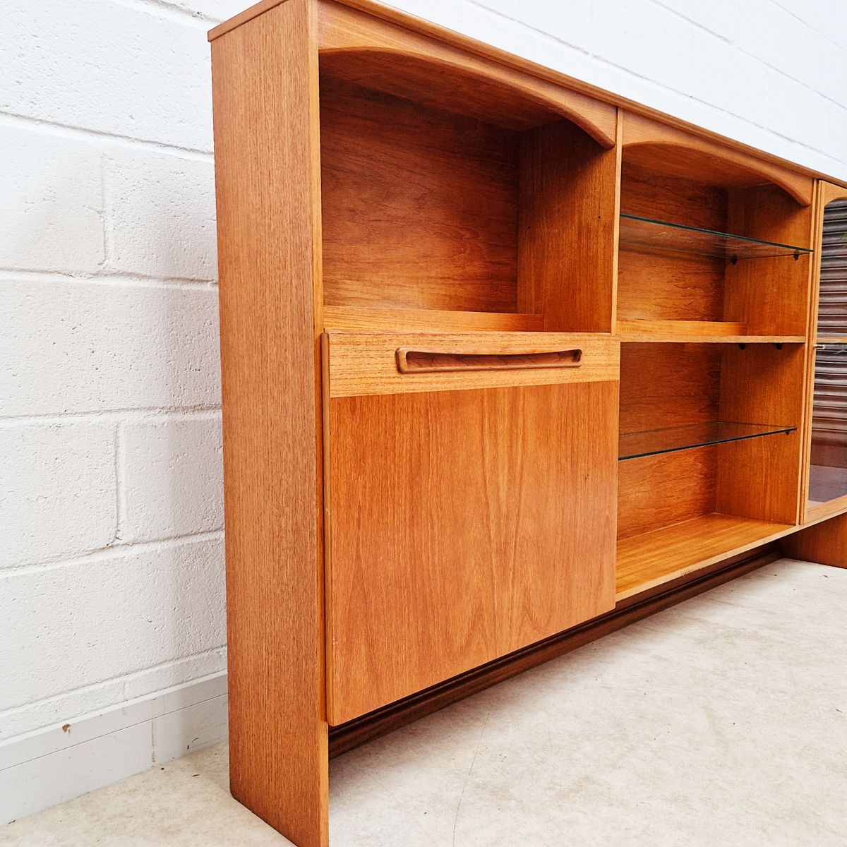 Vintage Mid Century Teak & Glazed Glass Slim Double Length Bookcase Drinks Cabinet Sideboard