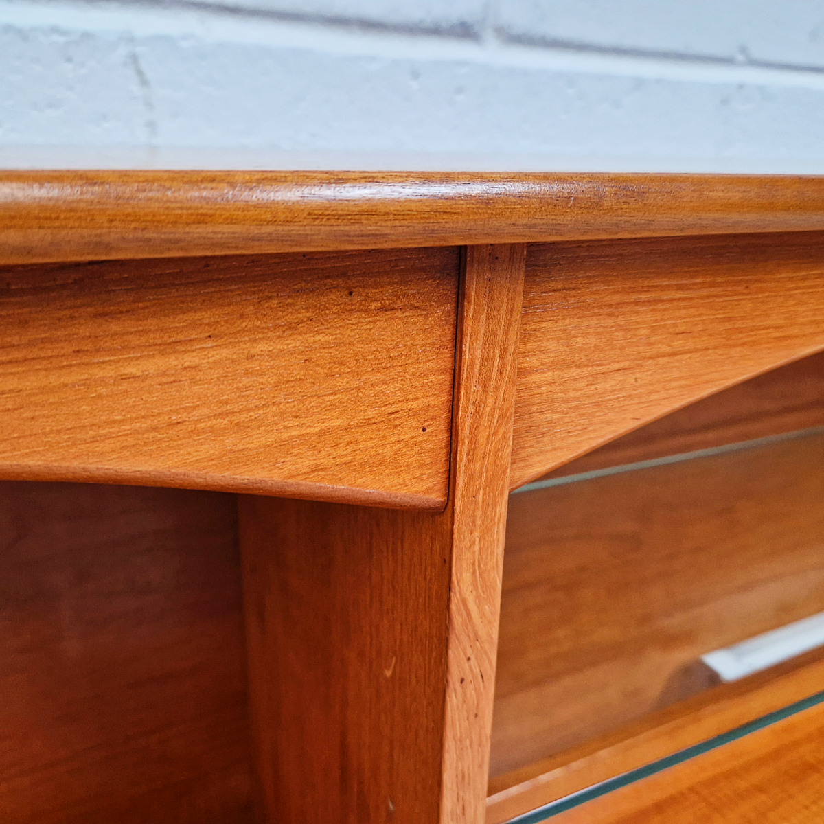 Vintage Mid Century Teak & Glazed Glass Slim Double Length Bookcase Drinks Cabinet Sideboard