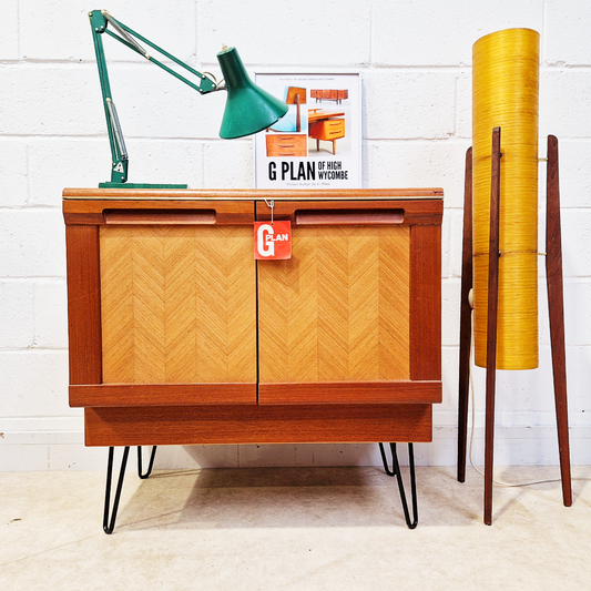 G Plan Vintage Mid Century Herringbone Teak Compact Sideboard LP Storage Cabinet