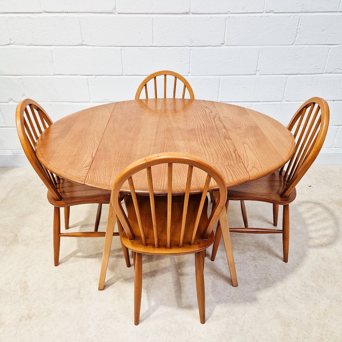 Ercol Vintage Mid Century Solid Elm Drop Leaf Table and Hoopback Chair Dining Set
