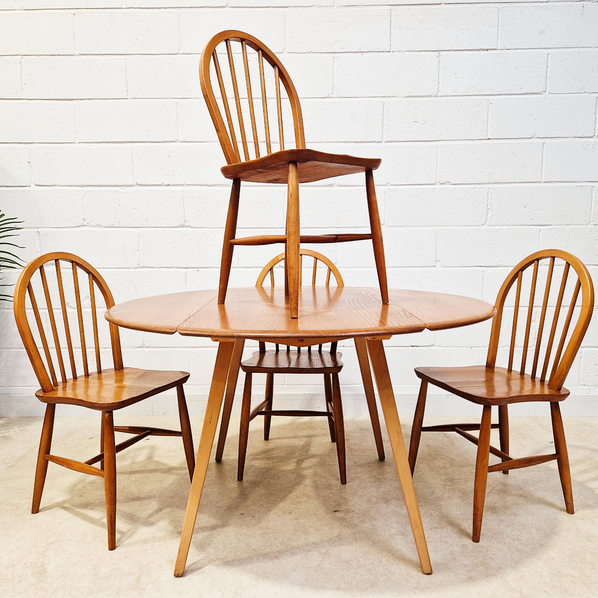 Ercol Vintage Mid Century Solid Elm Drop Leaf Table and Hoopback Chair Dining Set