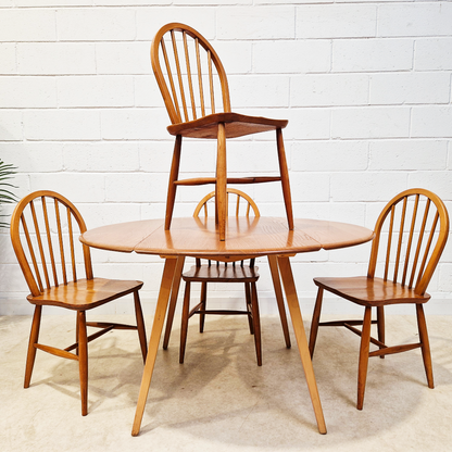 Ercol Vintage Mid Century Solid Elm Drop Leaf Table and Hoopback Chair Dining Set