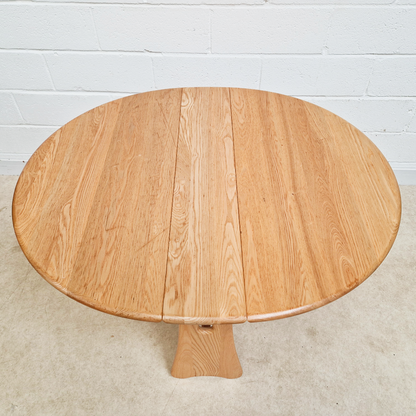 Ercol Windsor Vintage Mid Century Solid Elm Drop Leaf Gateleg Round Dining Table