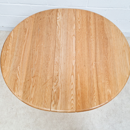 Ercol Windsor Vintage Mid Century Solid Elm Drop Leaf Gateleg Round Dining Table
