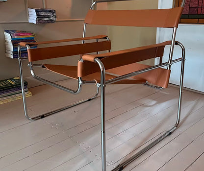 Mid Century Modern Bauhaus Nordic Design Leather & Steel Lounge Chair