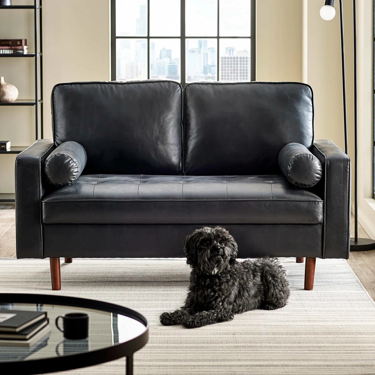 Mid Century Modern Black Faux Leather Nordic Design Lounge Accent 2 Seater Sofa Chair