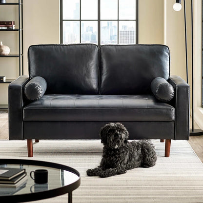 Mid Century Modern Black Faux Leather Nordic Design Lounge Accent 2 Seater Sofa Chair