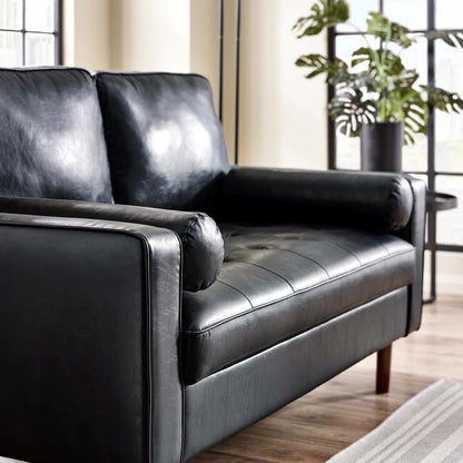 Mid Century Modern Black Faux Leather Nordic Design Lounge Accent 2 Seater Sofa Chair
