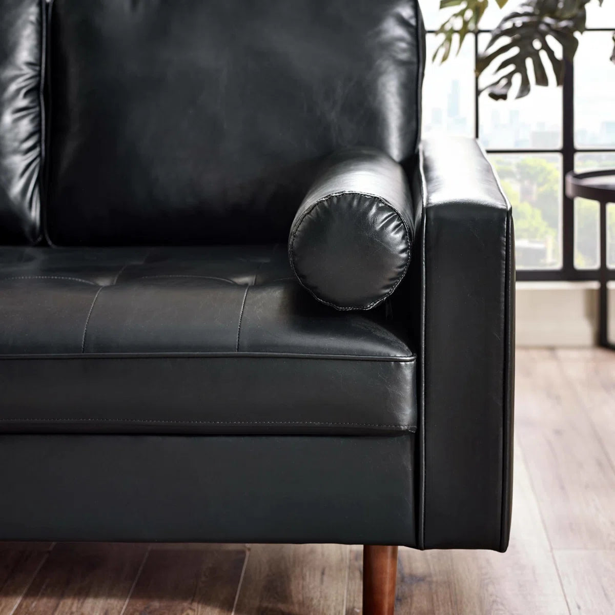 Mid Century Modern Black Faux Leather Nordic Design Lounge Accent 2 Seater Sofa Chair