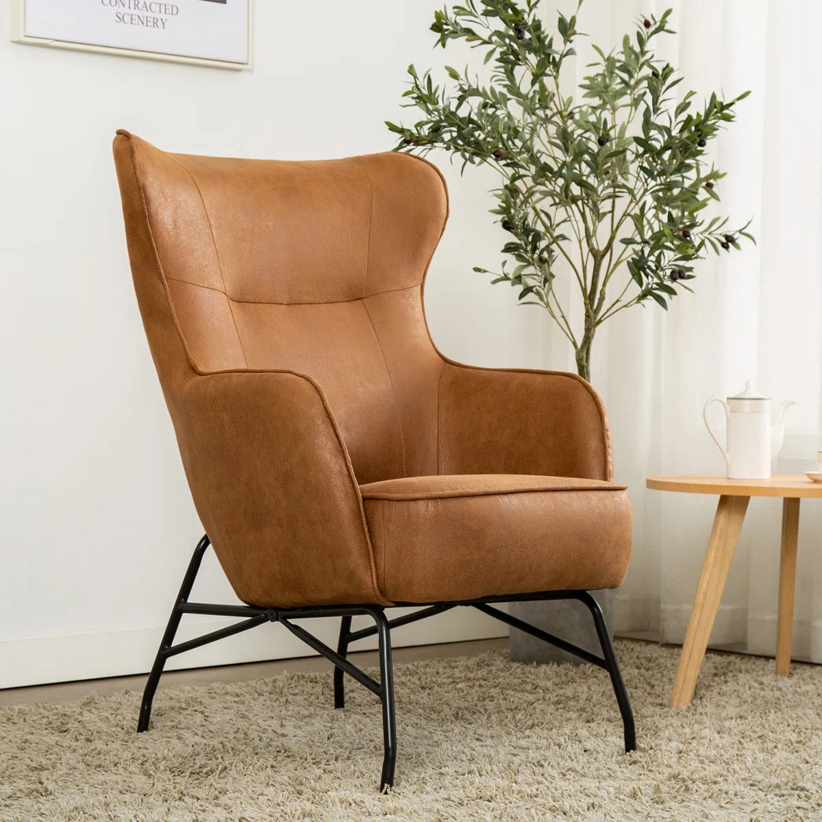 Mid Century Modern Faux Tan Leather & Steel Wingback Lounge Accent Chair
