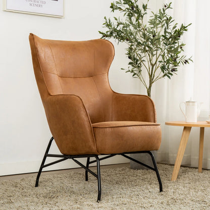 Mid Century Modern Faux Tan Leather & Steel Wingback Lounge Accent Chair