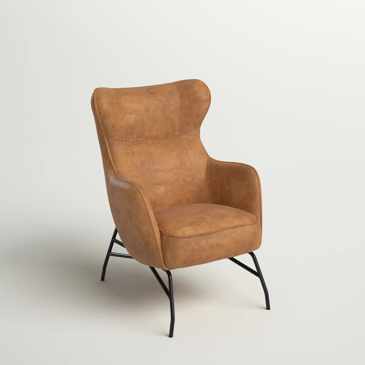 Mid Century Modern Faux Tan Leather & Steel Wingback Lounge Accent Chair