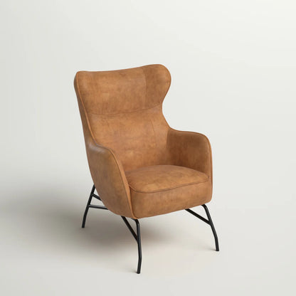 Mid Century Modern Faux Tan Leather & Steel Wingback Lounge Accent Chair