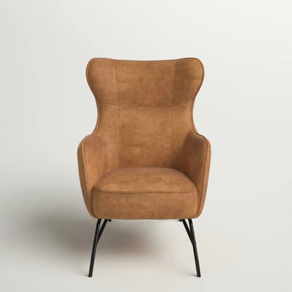 Mid Century Modern Faux Tan Leather & Steel Wingback Lounge Accent Chair