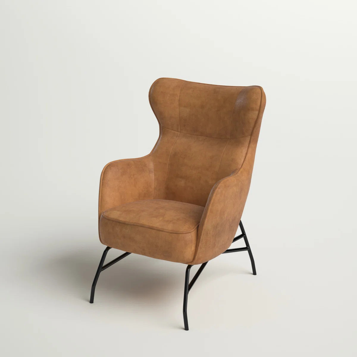 Mid Century Modern Faux Tan Leather & Steel Wingback Lounge Accent Chair