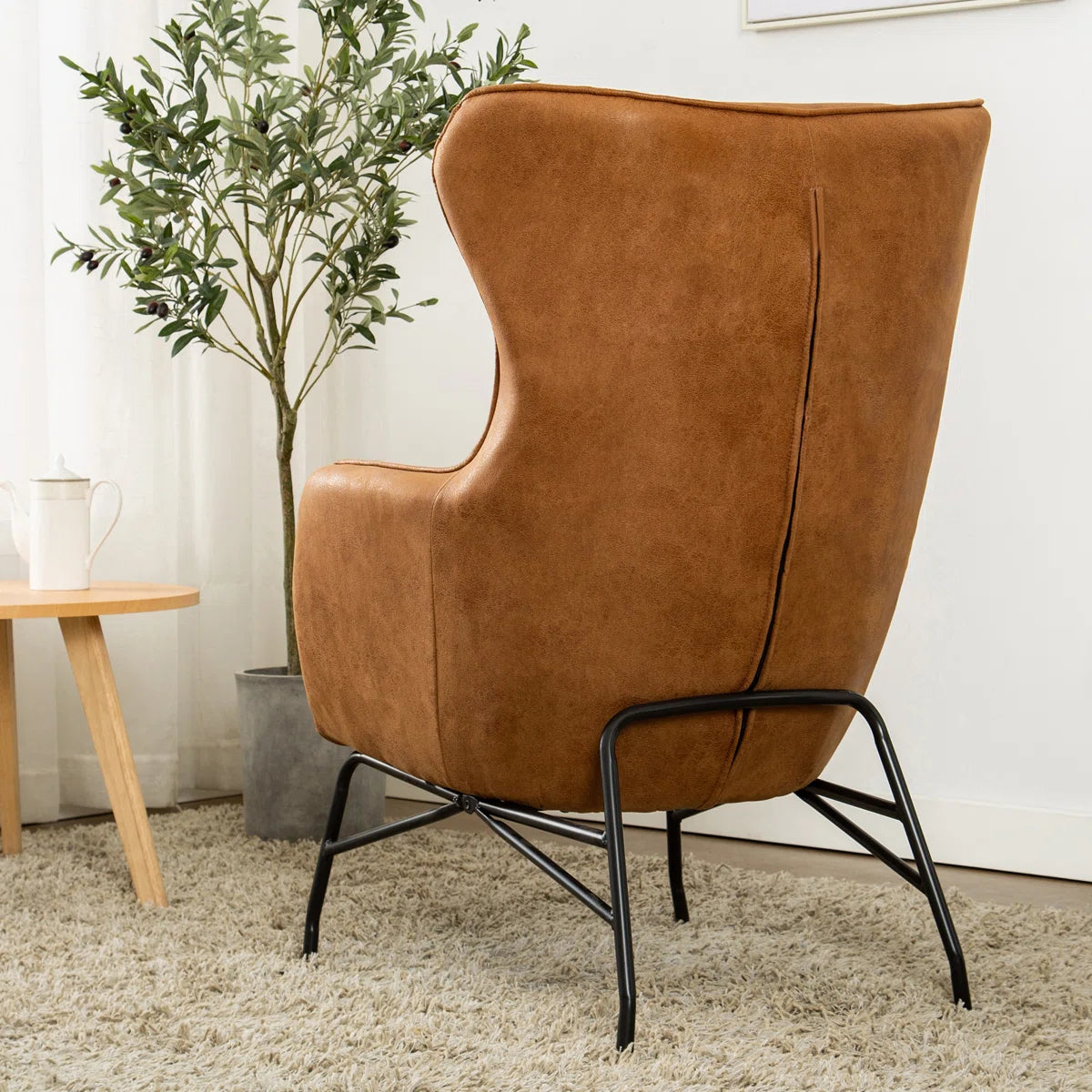 Mid Century Modern Faux Tan Leather & Steel Wingback Lounge Accent Chair