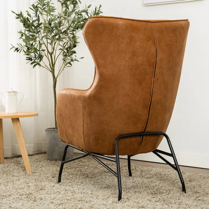 Mid Century Modern Faux Tan Leather & Steel Wingback Lounge Accent Chair