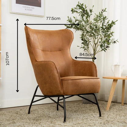 Mid Century Modern Faux Tan Leather & Steel Wingback Lounge Accent Chair