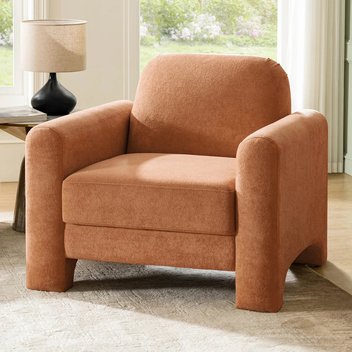 Mid Century Modern Nordic Design Burnt Orange Chennille Upholstered Accent Armchair