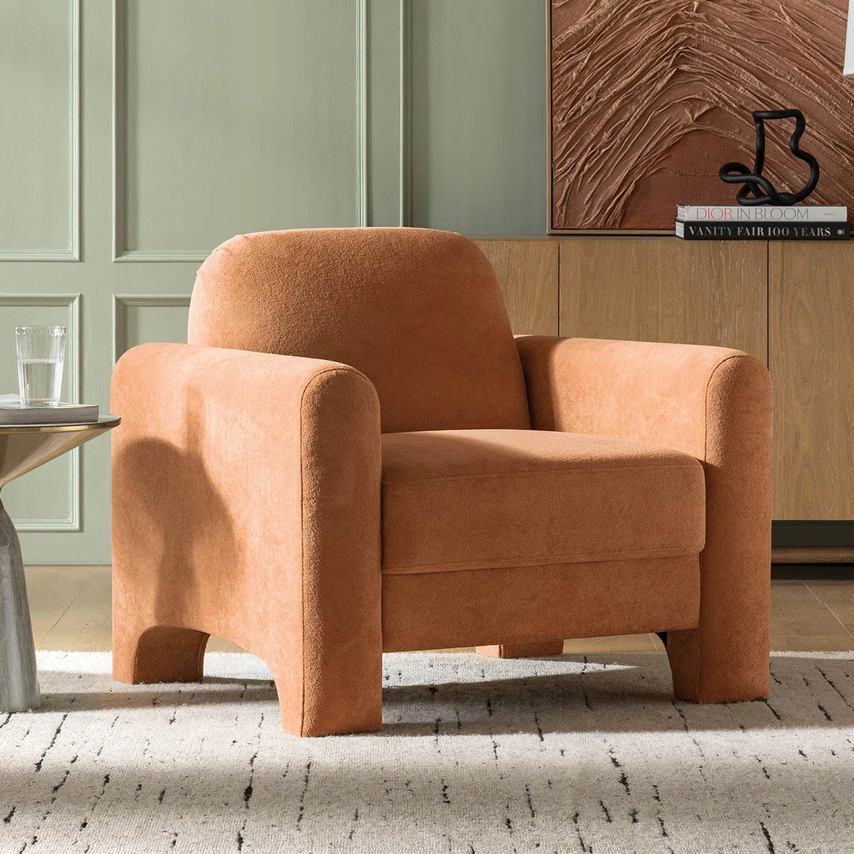 Mid Century Modern Nordic Design Burnt Orange Chennille Upholstered Accent Armchair