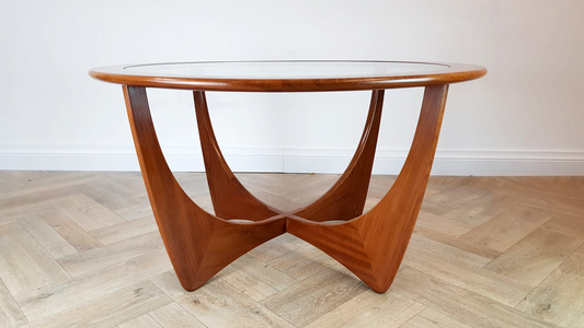 VB Wilkins For G Plan Astro Vintage Mid Century Solid Teak & Glazed Glass Round Coffee Table
