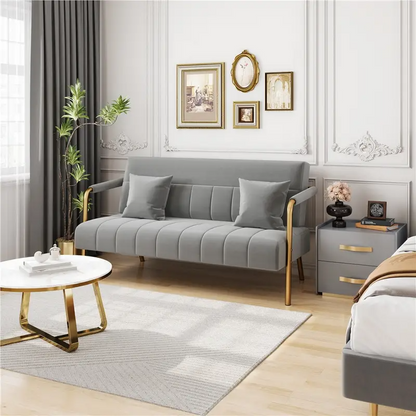 Mid Century Modern Velvet & Gold Tone Loveseat Sofa Couch