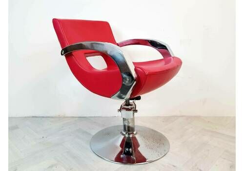 Vintage Mid Century Art Deco Style Cherry Red Leather & Chrome Barbers Lounge Accent Chair