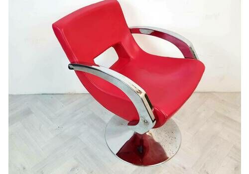 Vintage Mid Century Art Deco Style Cherry Red Leather & Chrome Barbers Lounge Accent Chair