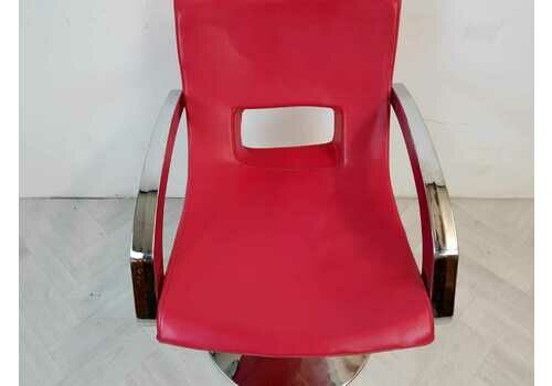 Vintage Mid Century Art Deco Style Cherry Red Leather & Chrome Barbers Lounge Accent Chair