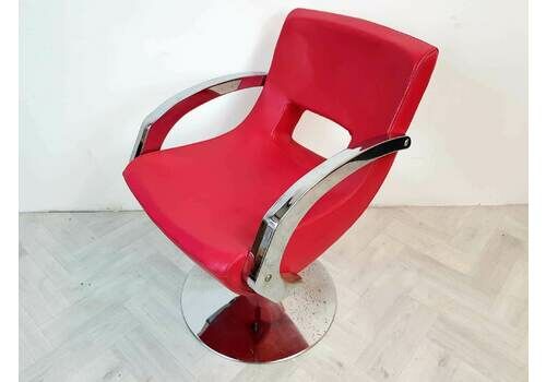 Vintage Mid Century Art Deco Style Cherry Red Leather & Chrome Barbers Lounge Accent Chair