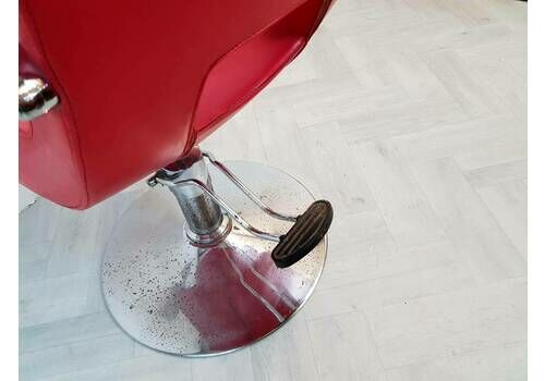 Vintage Mid Century Art Deco Style Cherry Red Leather & Chrome Barbers Lounge Accent Chair